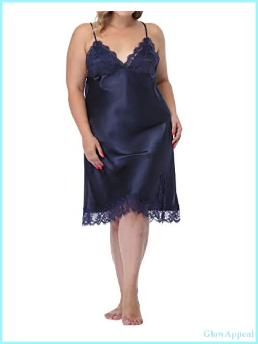 Plus Size Satin Silk Lace Trim V-Neck Nightgown Sleeveless Adjustable Straps